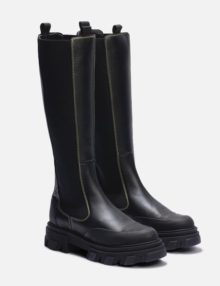 Ganni Solid Color Leather Platform Boots In Blue