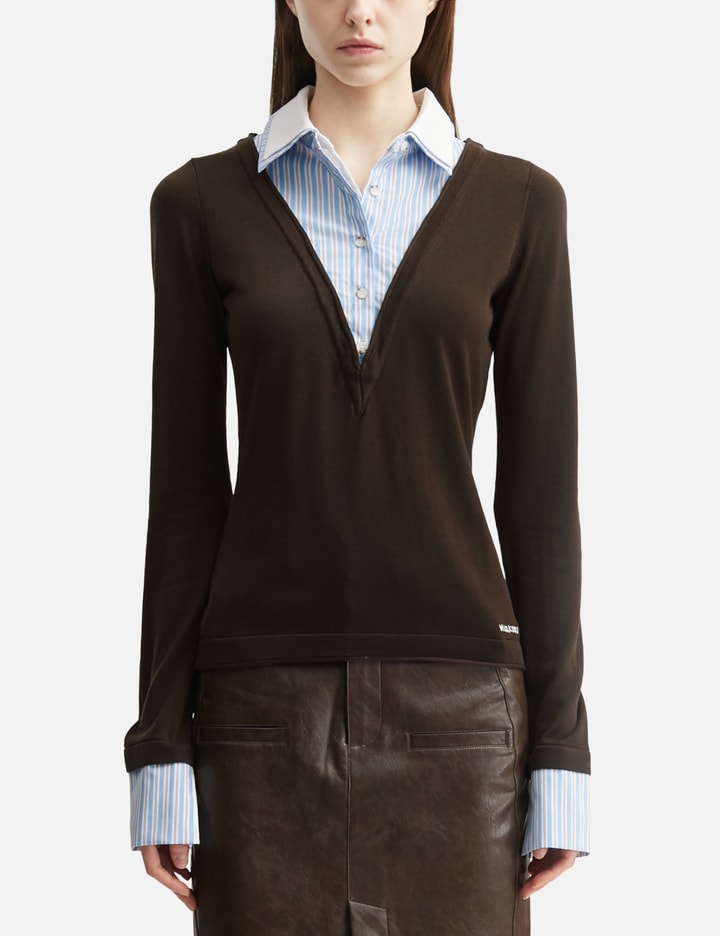 Brown Long-Sleeve Knit Top With Multi-Layer Collar view 3