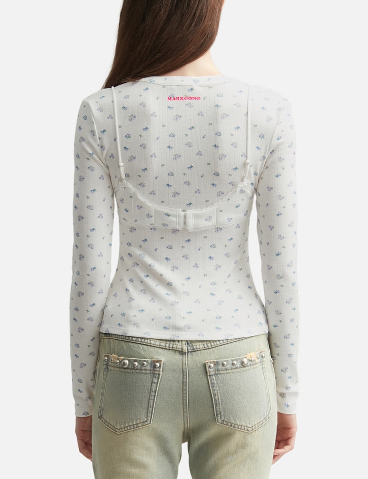 White Floral Print Lace-Trim Bralette Detail Long Sleeve Henley Shirt view 4