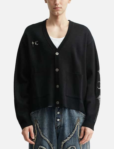 THUG CLUB TC Bone Knit Cardigan - Black V-neck knit with bold bone