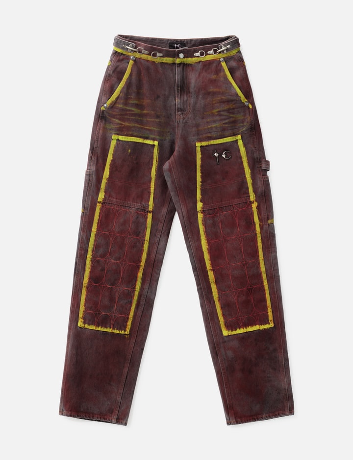 THUG CLUB Red Washed Painted Line Pants