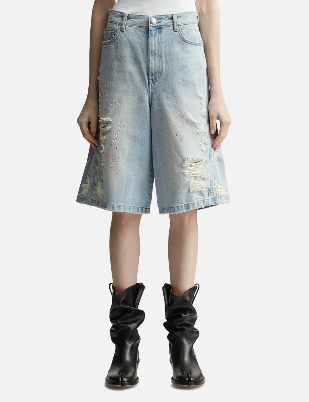 Crystal-Embellished Ripped Denim Shorts view 13