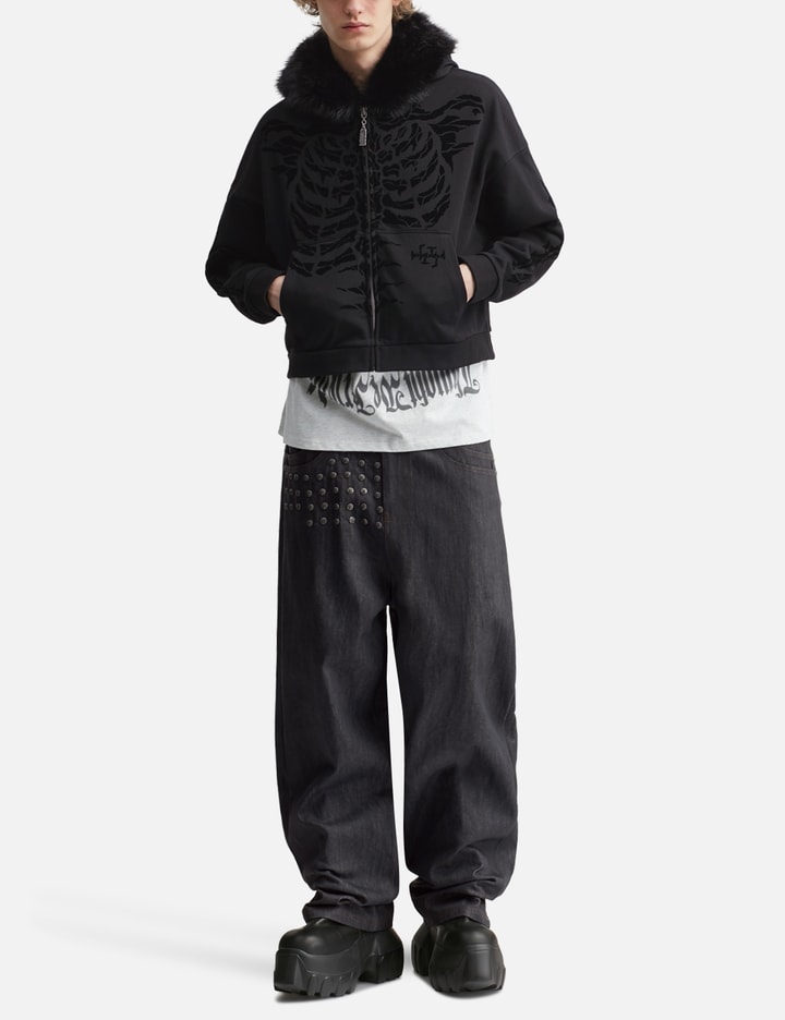Thought We Friends "Aaron" Black Skeleton Zip-Up Hoodie With Faux Fur Hood