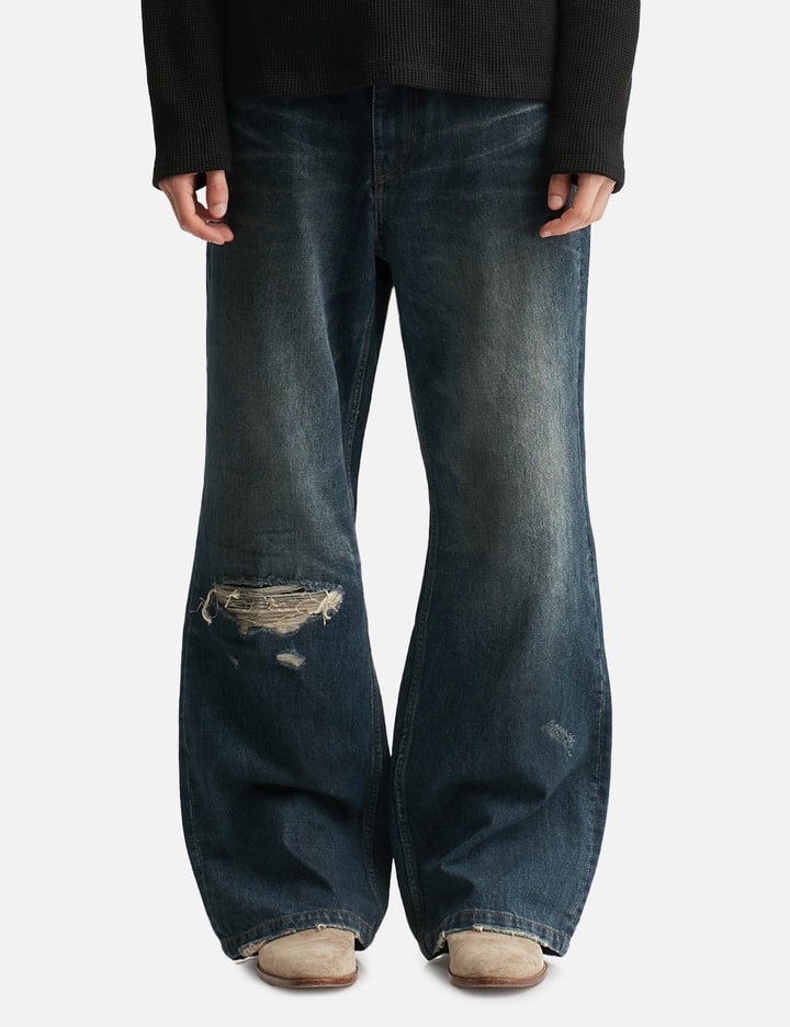 Semi Flare Embossed Dirty Washed Jeans Placeholder Image
