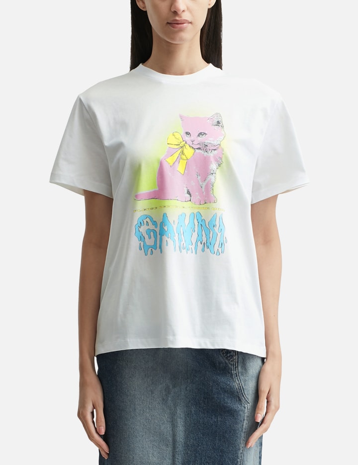 Ganni Organic Cotton T-shirt Featuring Kitty Graphic In White
