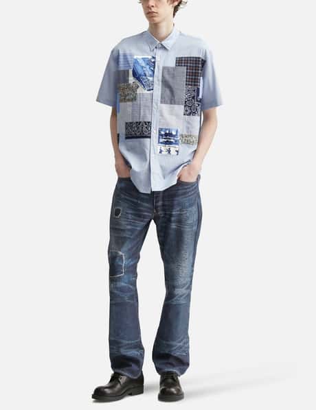 Striped Short Sleeve Shirt With Mix Fabric Patchwork view 14
