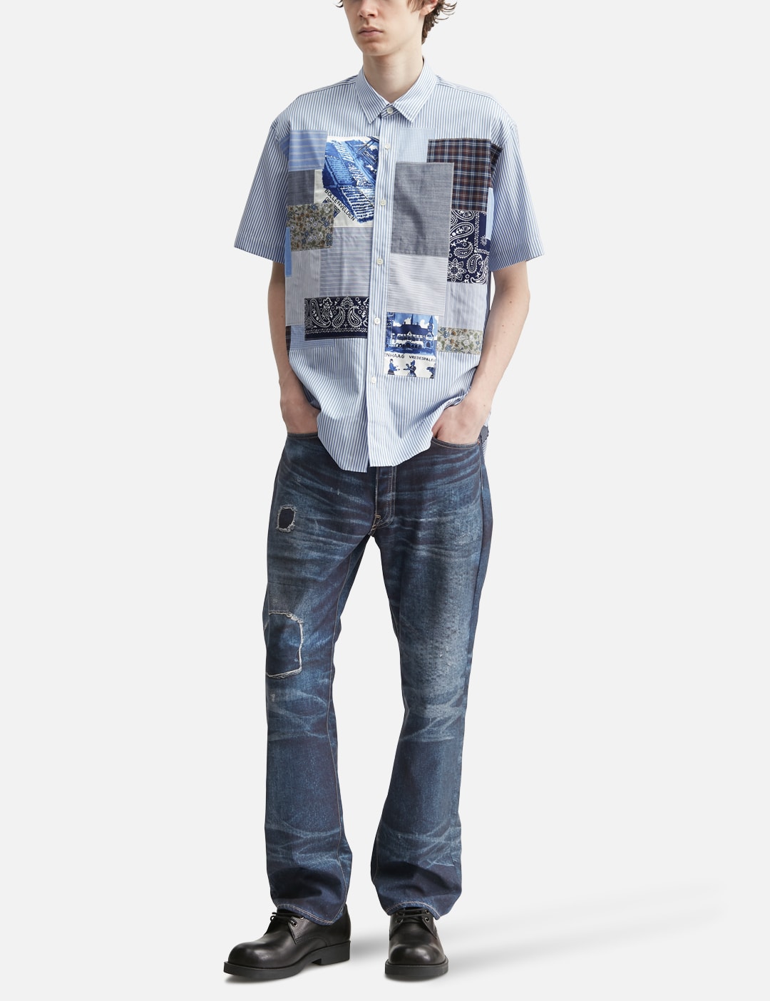 Striped Short Sleeve Shirt With Mix Fabric Patchwork view 20