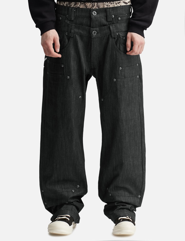 "Gideon" Double-Layered Workpants In Japanese Raw Black Denim view 3