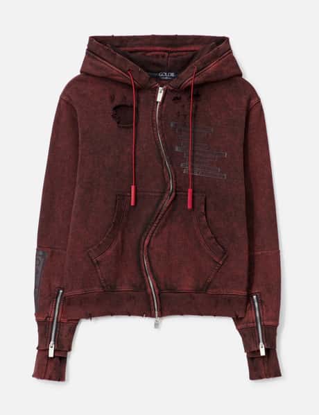 GOLDIE Distressed GC Curved Red Zipper Hoodie