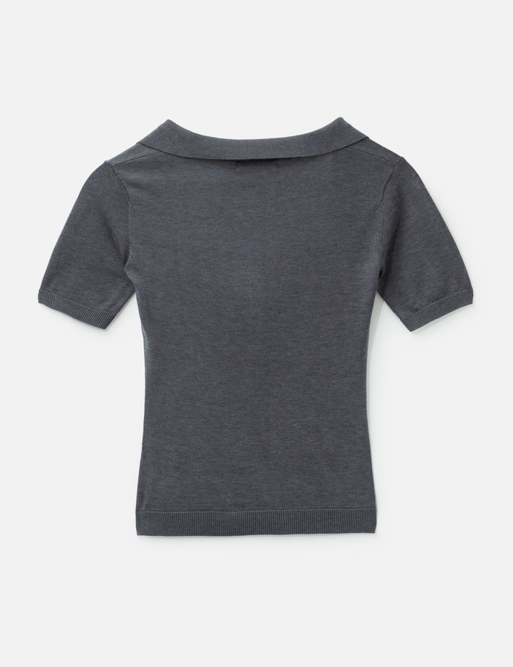 Grey Knit Short-Sleeve Button-Up Knit Top