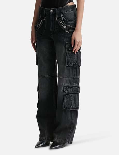 Black Front Pocket Strap Cargo Trousers, Womens Trousers