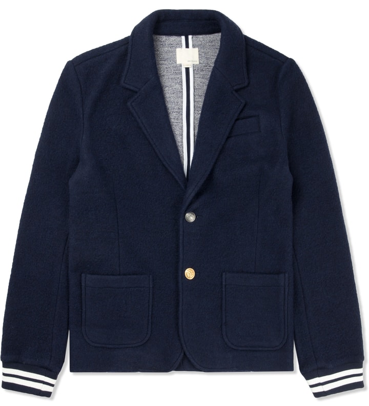 Classic Navy Felted Fleece Mix Button Blazer with Rib Cuffs Placeholder Image