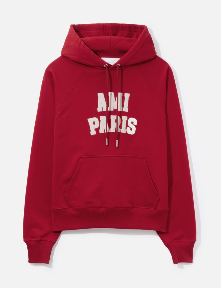 Red Cotton Hoodie With Ami Paris Embroidery