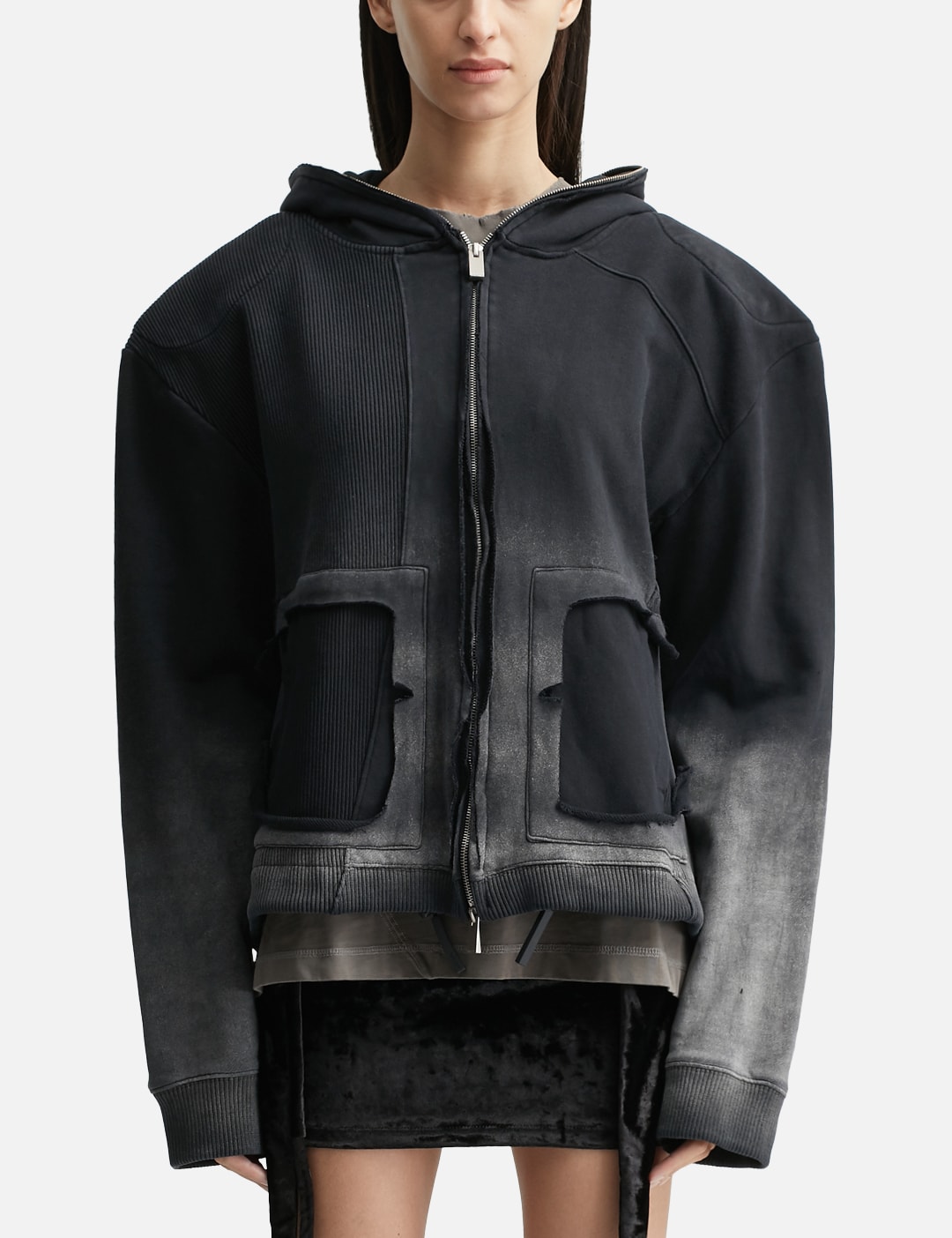 Panelled Padded Zipped Grey Hoodie view 6