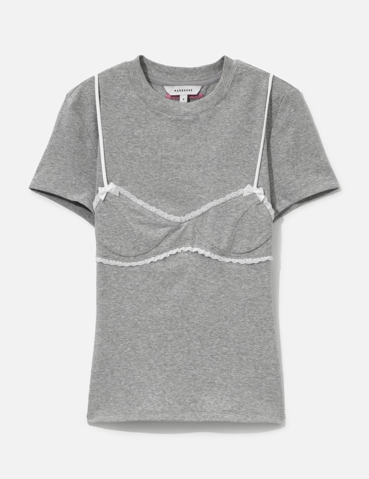 Grey Lace-Trim Bralette Detail T-Shirt
