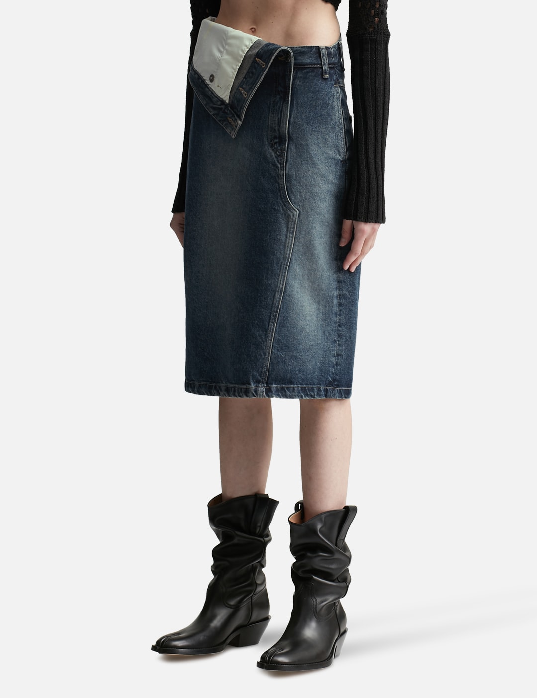 Folded-Waist Denim Midi Skirt view 14