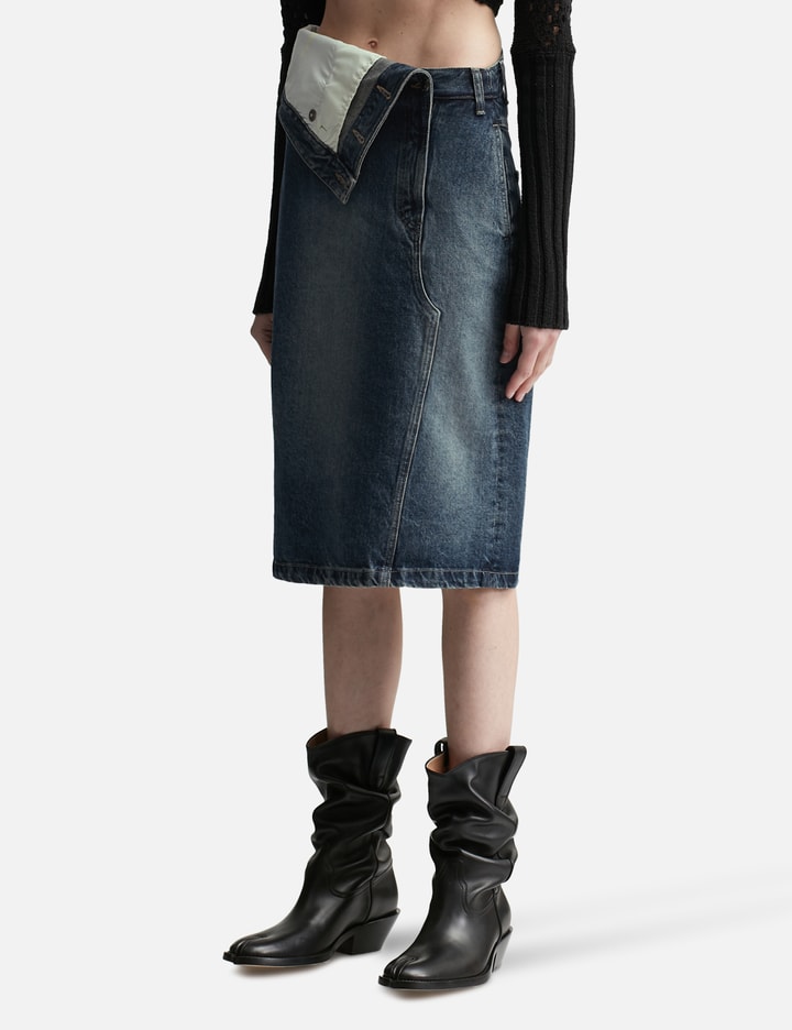 Shop Lesugiatelier Folded-waist Denim Midi Skirt In Blue