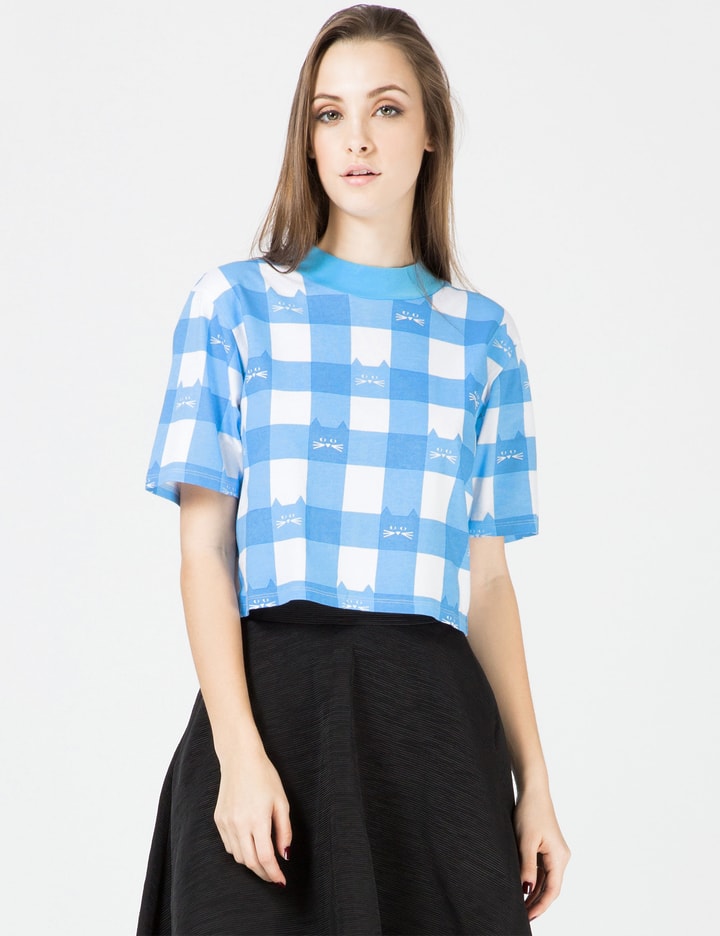 Blue Cat Gingham Crop T-Shirt Placeholder Image