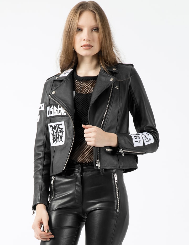 Black 1995 Womens Leather Jacket with Patches Placeholder Image