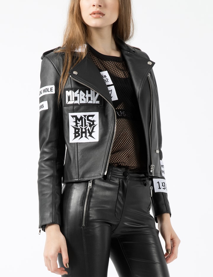 Black 1995 Womens Leather Jacket with Patches Placeholder Image