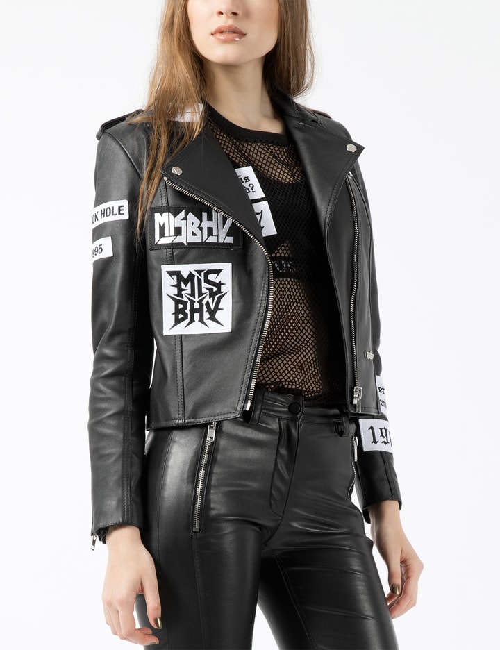Black 1995 Womens Leather Jacket with Patches Placeholder Image