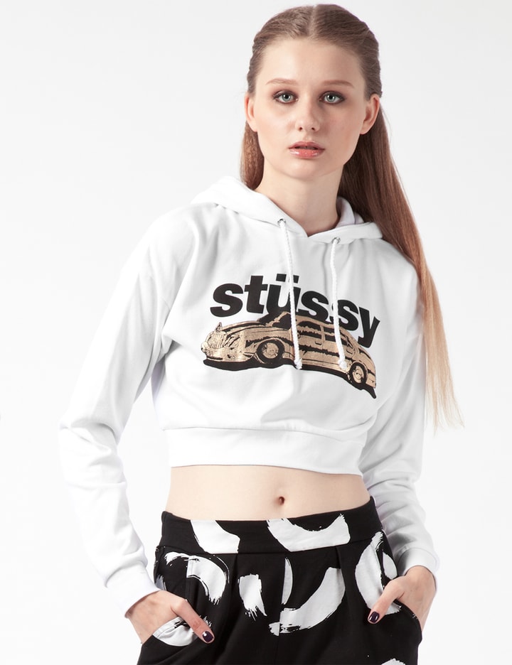 White Stussy Car Cropped Hoodie Placeholder Image