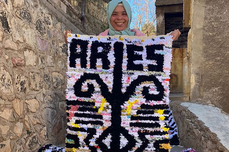 Aries and Local Moroccan Women Craft Upcycled Boucherouite Rugs