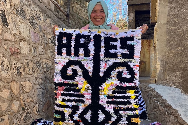 Aries and Local Moroccan Women Craft Upcycled Boucherouite Rugs