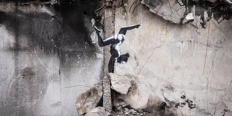 Banksy Ukraine Artwork Borodyanka Graffiti Artist UK Unknown Art Russia Judo Match President Vladimir Putin Seesaw Handstand