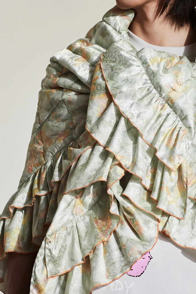 Martine Rose Fall Winter 2022 FW22 QUILTED DOUBLE FRILL SCARF IN GREEN FLORAL Release Information UK Brand Designer Label 