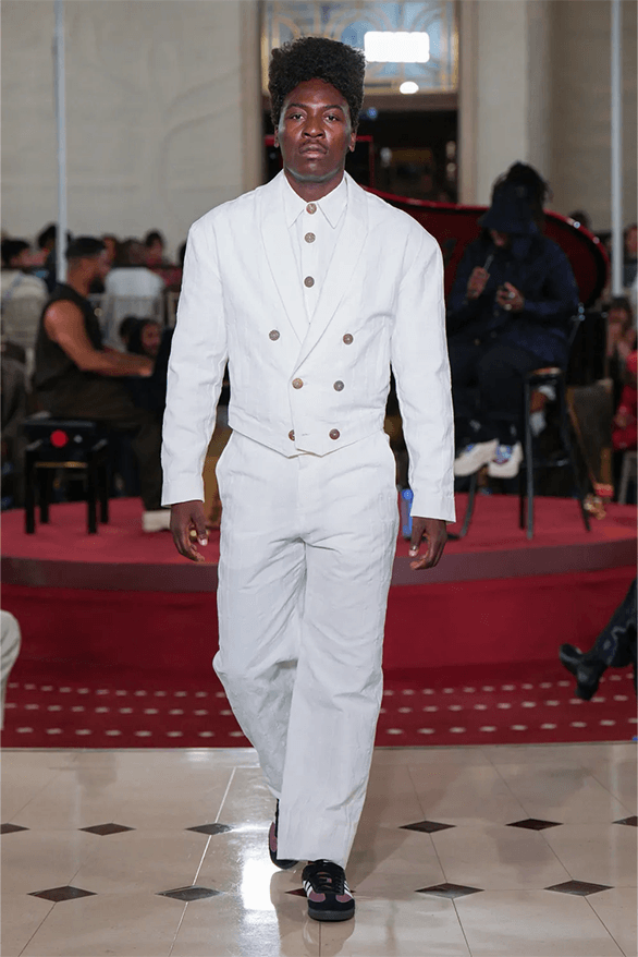 LABRUM Spring Summer 2024 London Fashion Week menswear womenswear runway Foday Dumbuya Netflix top boy Ian wright unknown t Hackney Wick FC Adidas samba Stan smith collaboration