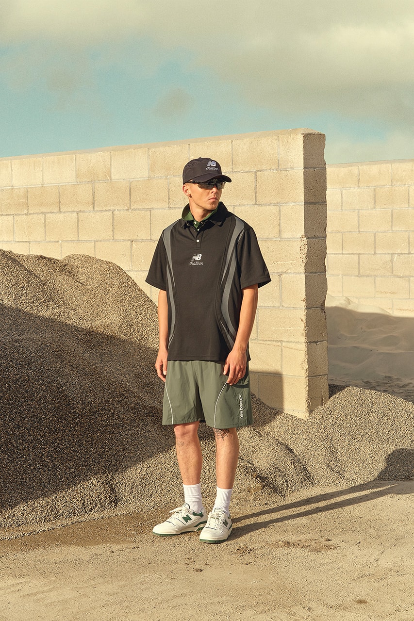 malbon golf new balance apparel collaboration capsule collection polo mock neck windbreaker shorts hat 550 shoes white navy black green