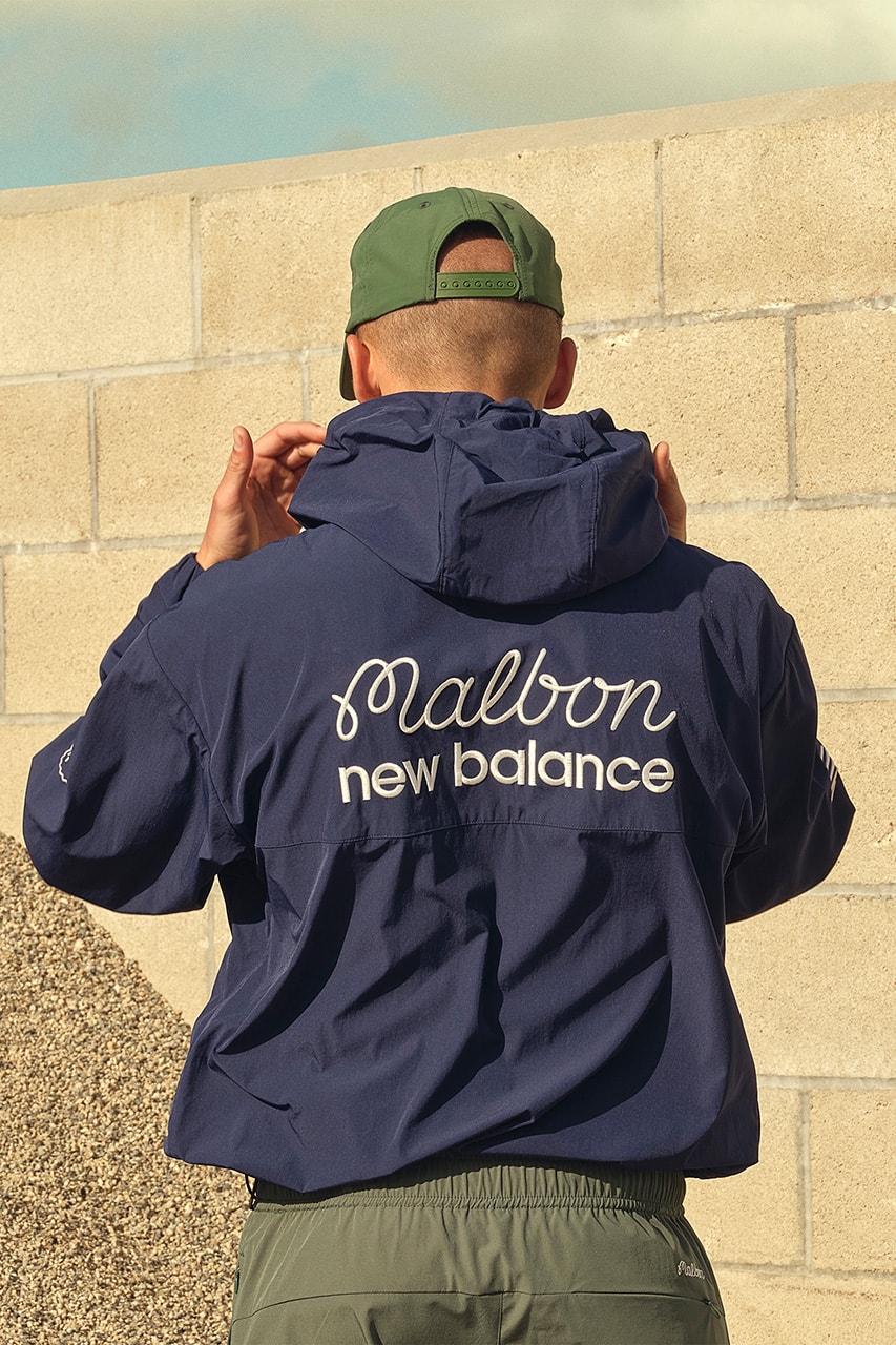 malbon golf new balance apparel collaboration capsule collection polo mock neck windbreaker shorts hat 550 shoes white navy black green