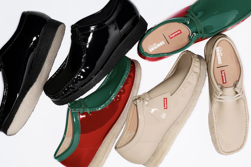 Supreme x Clarks Originals Spring 2024 Collaboration wallabees patent leather green red nude black