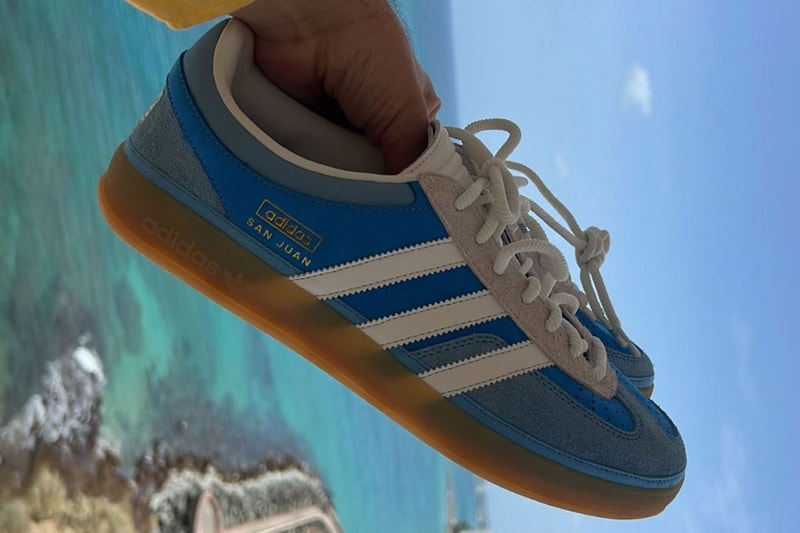 First Look at the Bad Bunny x adidas Gazelle Indoor “San Juan” sneaker link release images price color blue ocean waters 