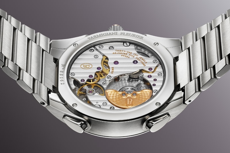 Exhibition caseback of Parmigiani Arctic Rose minute rattrapante with pink-gold rotor