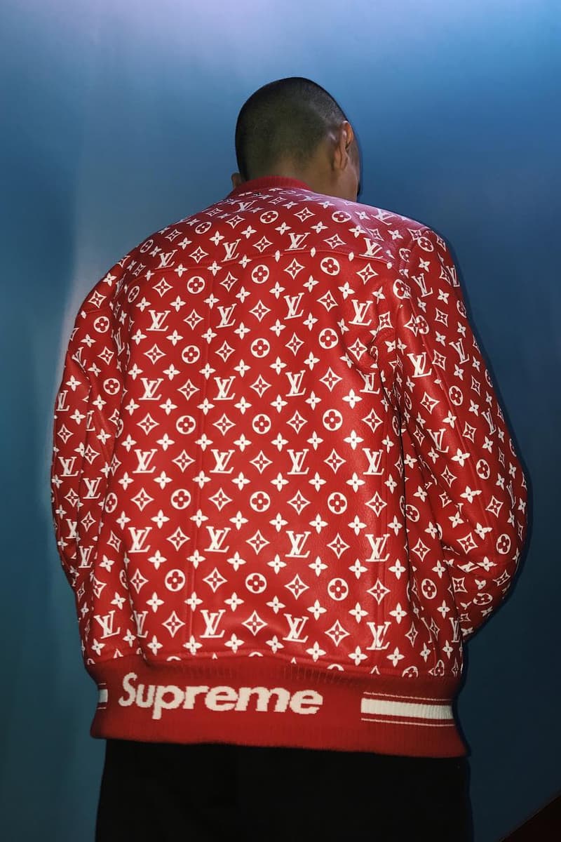 A RED & WHITE LEATHER BOMBER JACKET BY SUPREME, LOUIS VUITTON