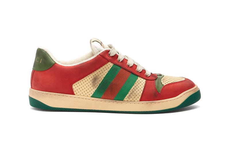 Gucci Rhyton Printed Distressed Leather Sneakers Kiss