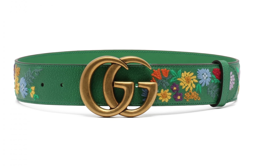 Gucci Double G Logo Floral Embroidered Green Belt | HYPEBAE