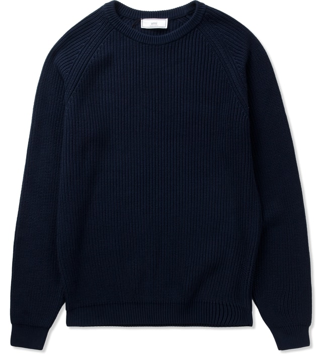 Ami - Navy Ribbed Knit Sweater | HBX