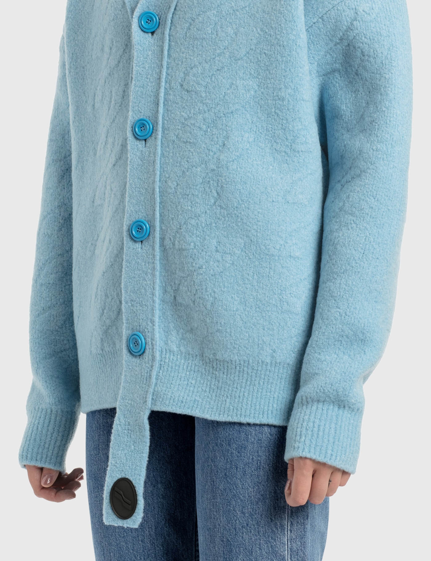 We11done - Blue Logo Cable Felted Knit Cardigan | HBX