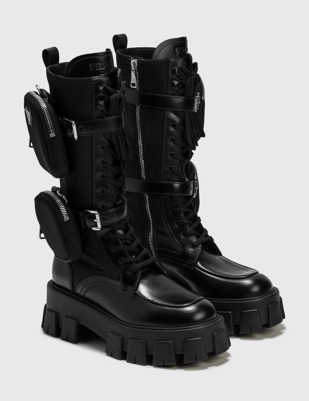 Prada - Brushed Rois Leather And Nylon Monolith Boots | HBX