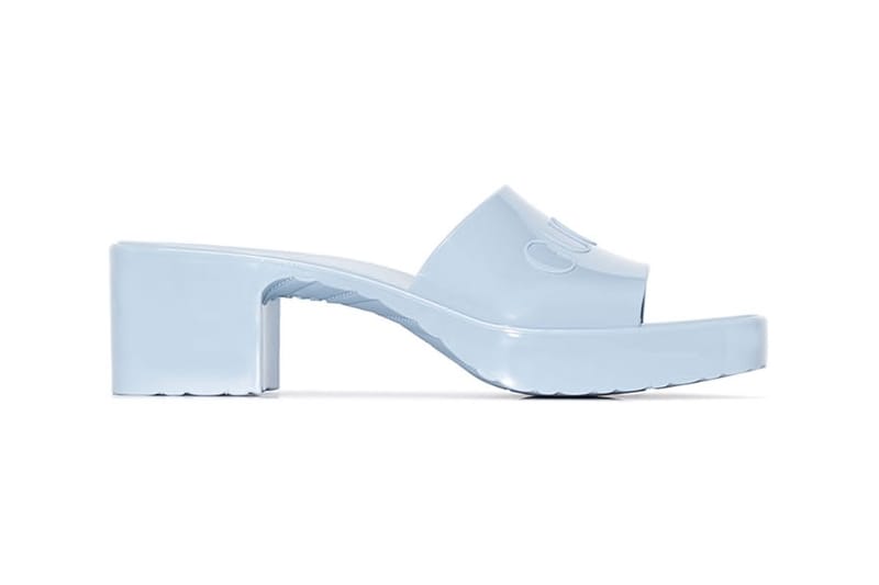 Shop Gucci's Rubber Logo Mules in Pastel Blue | Hypebae