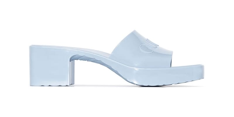Shop Gucci's Rubber Logo Mules in Pastel Blue | Hypebae