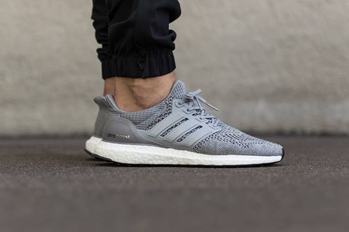 Ultra boost grey three hotsell on feet