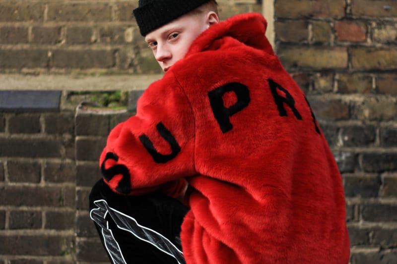 Supreme faux fur bomber jacket outlet red