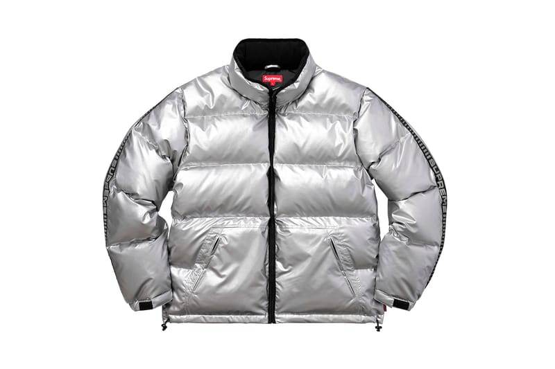 Supreme reflective sleeve 2024 logo puffy jacket