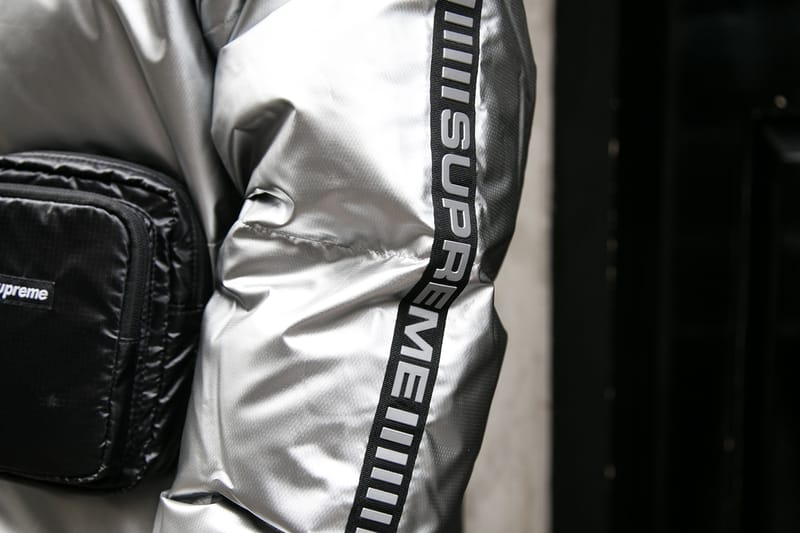 Supreme reflective sleeve clearance logo puffy jacket