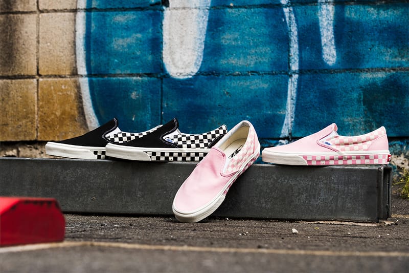 Checkered slip best sale on vans pink