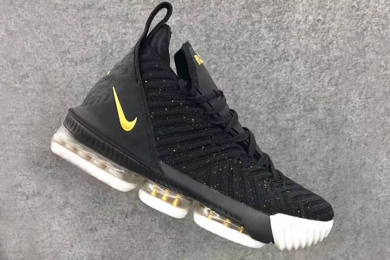 Nike lebron 16 black and gold best sale